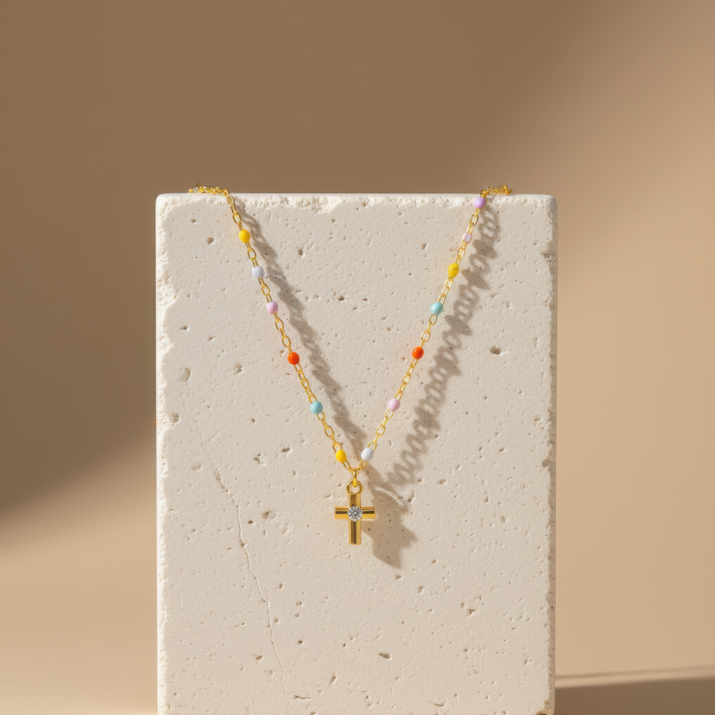 Rainbow Bead Cross Necklace