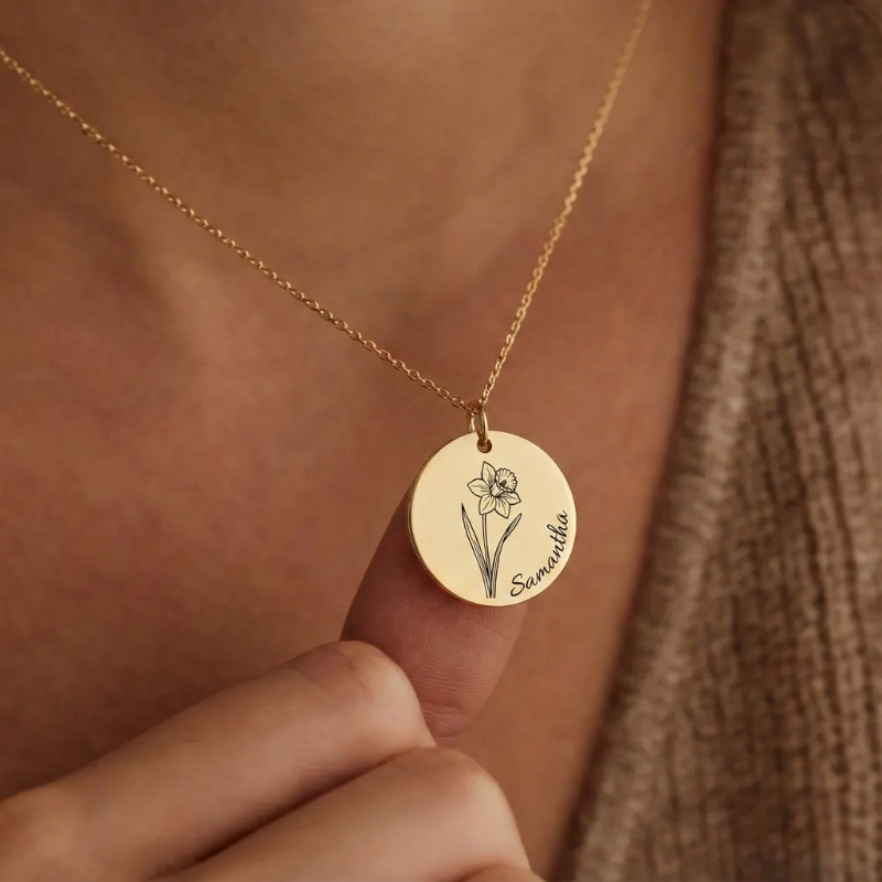 Birth Flower Engraved Necklace