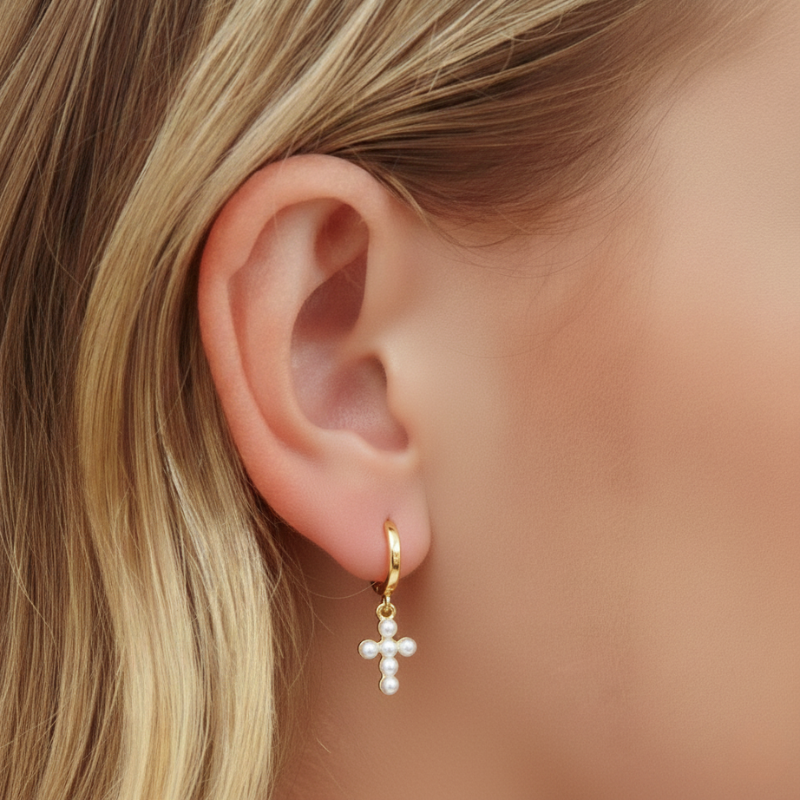 Pearl Cross Hoops