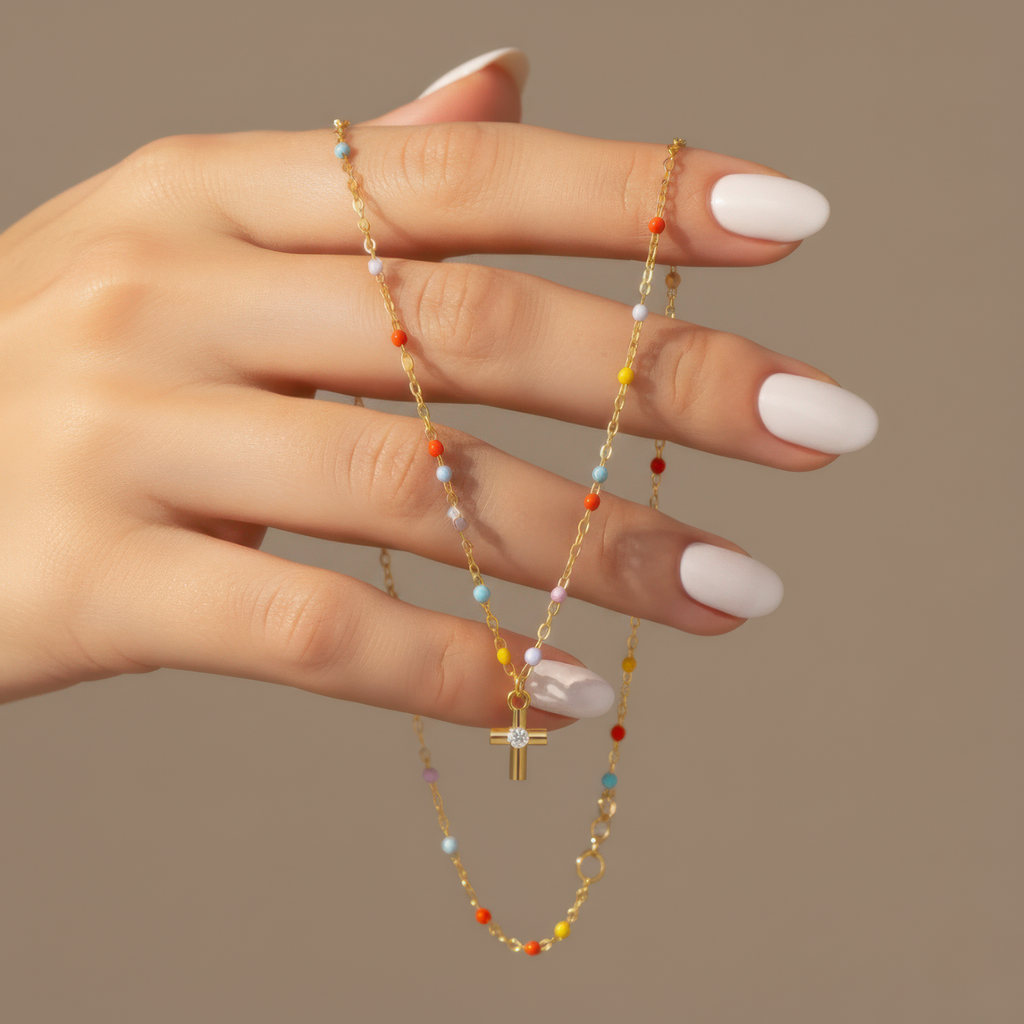 Rainbow Bead Cross Necklace