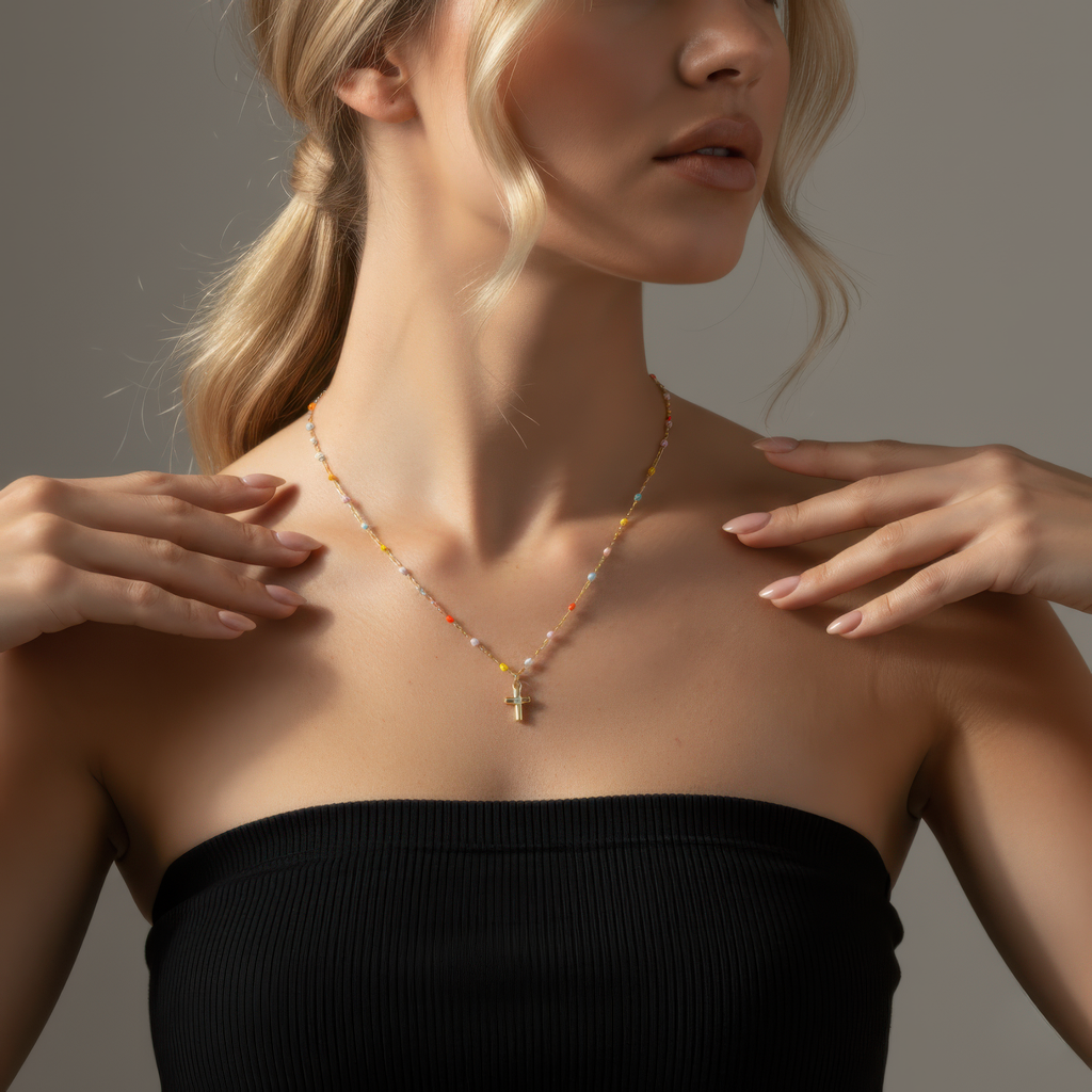 Rainbow Bead Cross Necklace