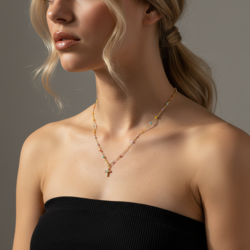 Rainbow Bead Cross Necklace