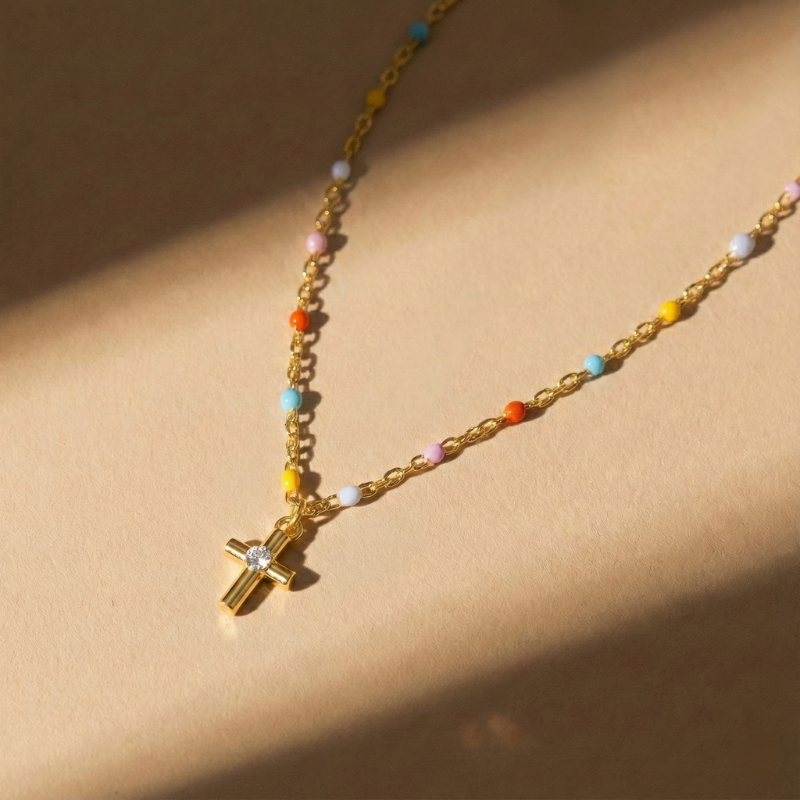 Rainbow Bead Cross Necklace