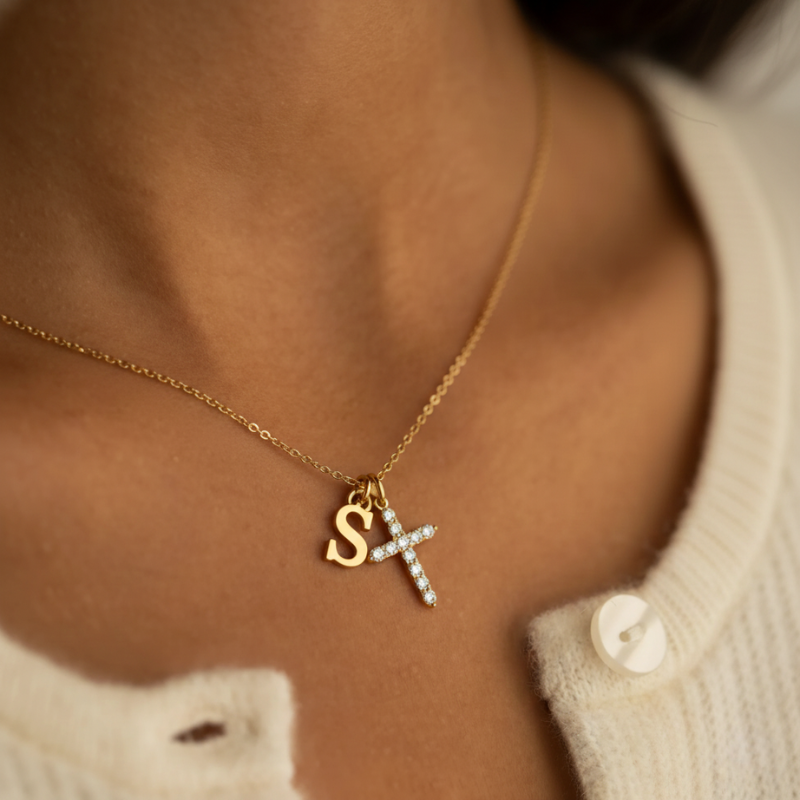 Initial Crystal Cross Necklace