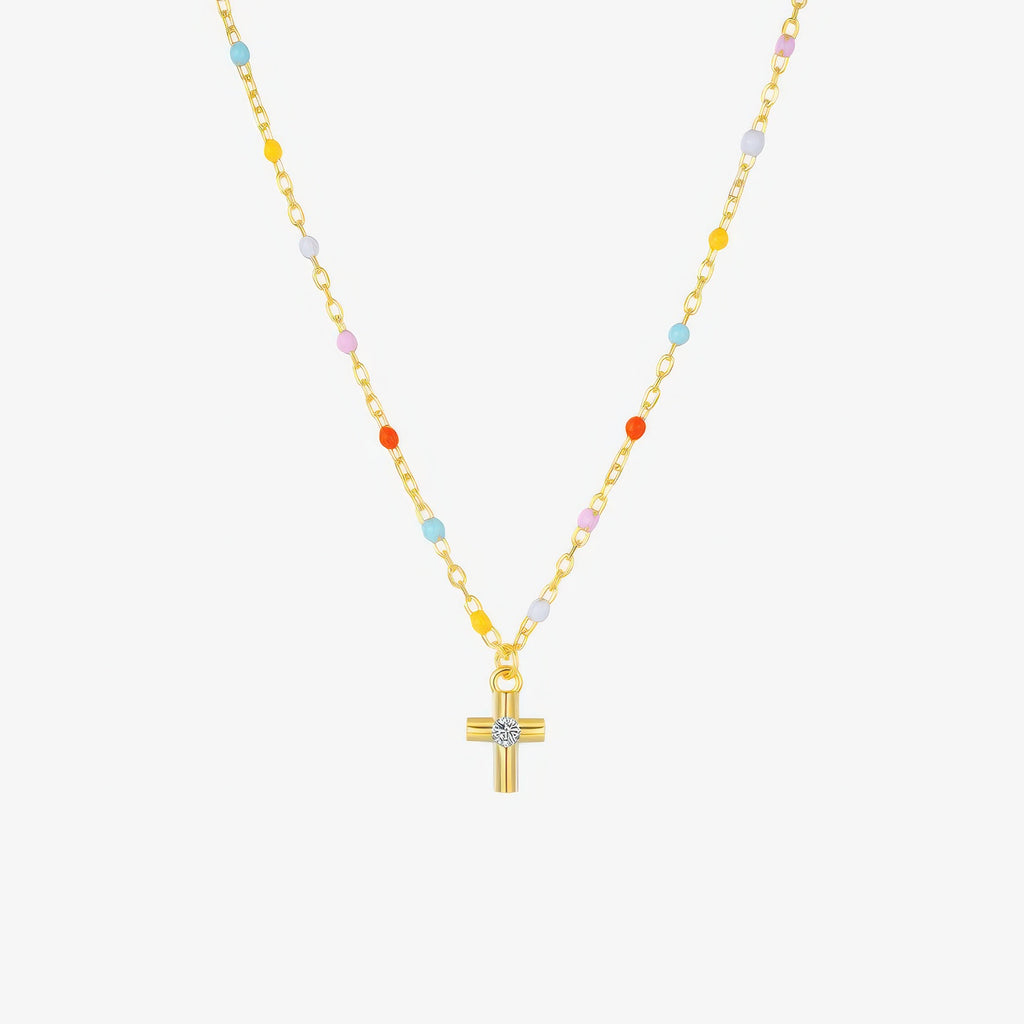 Rainbow Bead Cross Necklace