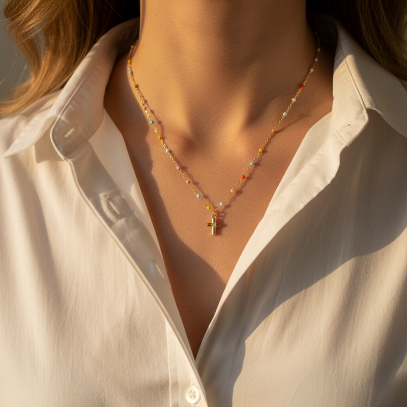 Rainbow Bead Cross Necklace