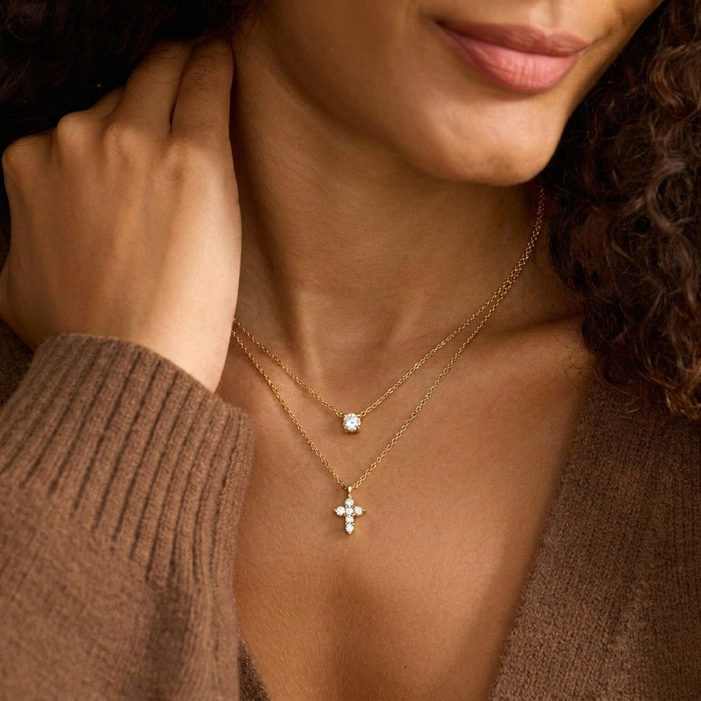 Crystal Cross Layered Necklace